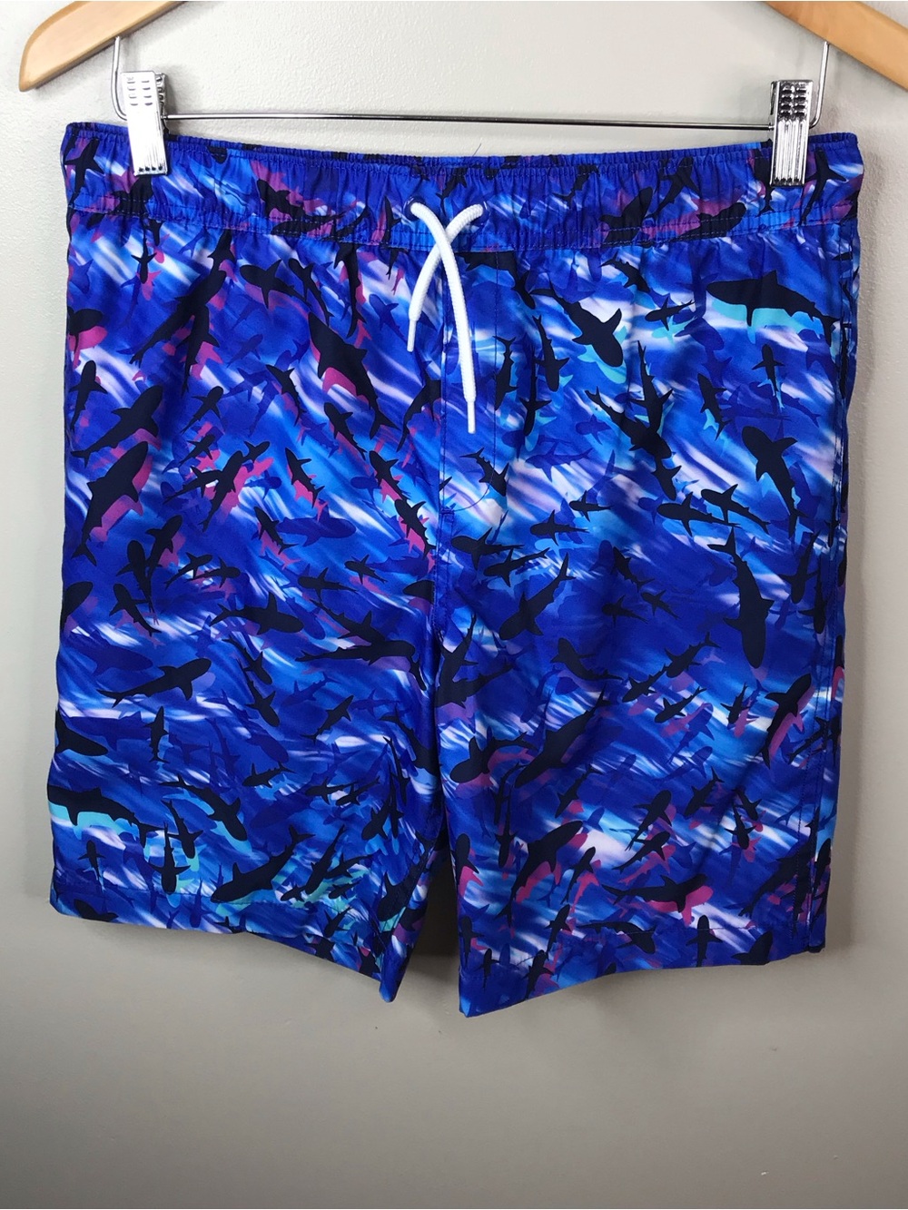 Lands' End Blue Shark-Pattern Kids Swim Trunks Sz XL 14H-16H